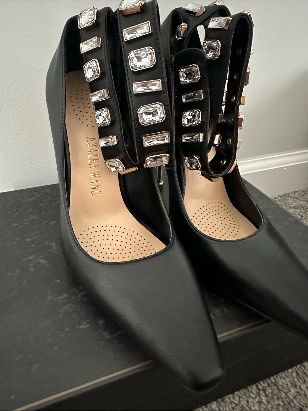 AKIRA Black Pointed Jeweled Ankle-Strap Stiletto Pumps - Picture 5 of 6